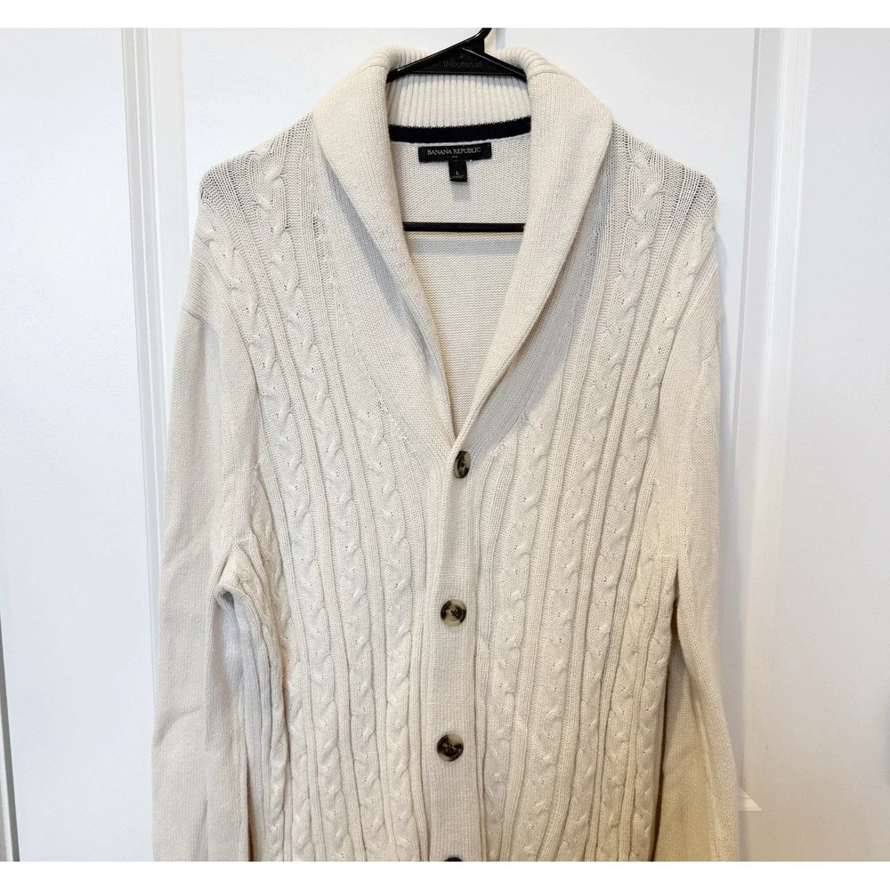 Banana Republic Mens Cable Knit Shawl Collar Cardigan Sweater Large Cream Preppy